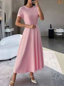 PoPoHouse 女士优雅性感短袖圆领长连衣裙，适合派对、通勤、度假等场合，粉色夏季款 - 粉色 - 查看 5