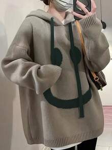 Herbst/Winter Europäischer & Amerikanischer Stil eleganter Oversize Damen Strickpullover, minimalistisches Gesichtsmuster Langarm Kapuzenpullover mit Kordelzug in Große Größen - Khaki - Übersicht 4