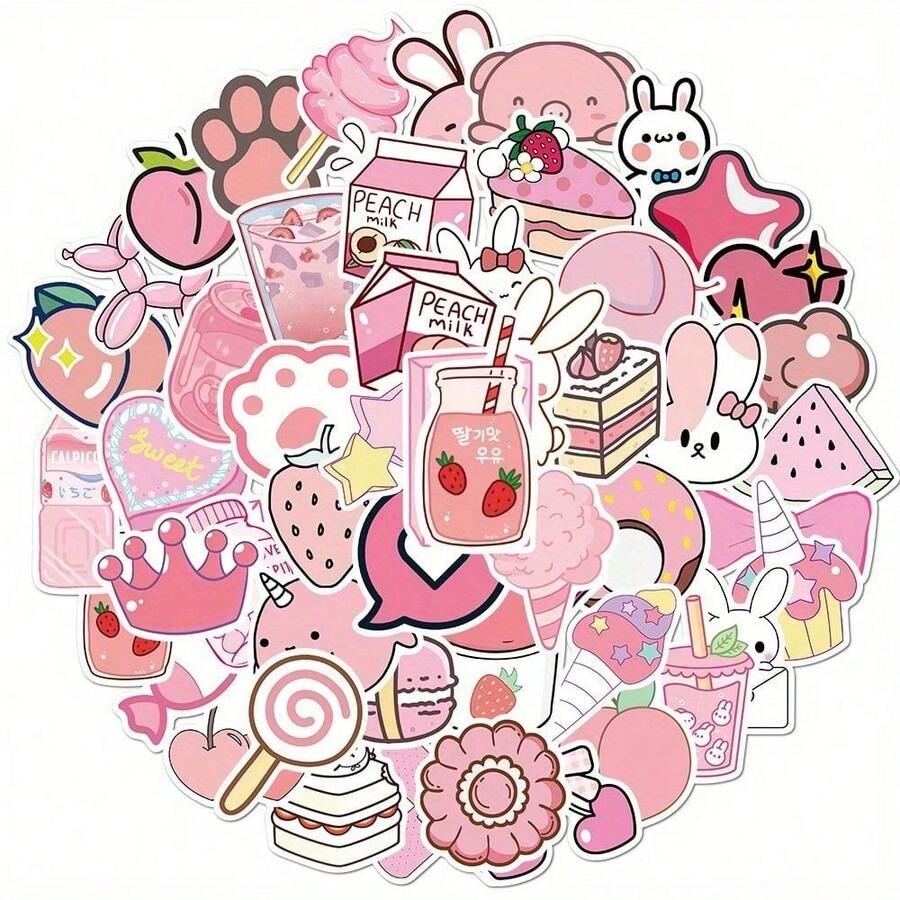 50 New Cartoon Pink Girl Graffiti Stickers: Waterproof, Self-Adhesive Vinyl For Laptops, Guitars, Skateboards, Water Cups, And Computer Desktops - 50件 - 查看 1