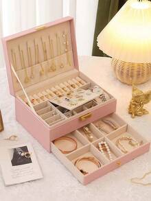 Caja de almacenamiento de joyas de 2 capas de gran capacidad, caja de almacenamiento de joyas portátil, tocador con cajón caja de almacenamiento de joyas, caja de joyas de cuero como regalo, contenedor de almacenamiento y exhibición exquisito, caja de almacenamiento y organización para el baño, cajón de almacenamiento de escritorio - Multicolor - Ver 5