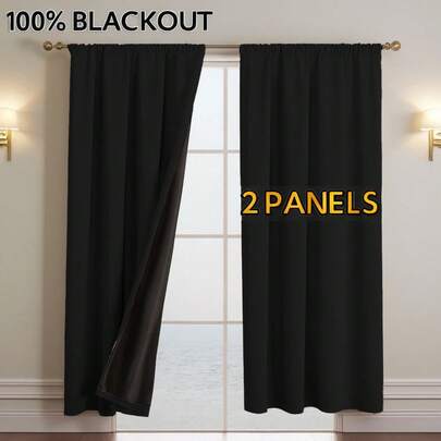 2-Pack Classic Black Blackout Curtains, Rod Pocket Top, 100% Blackout, No Light Penetration, Polyester Material, Lightweight & Durable, All Season Use, Machine Washable, Simple Home Decor Shading, Suitable For Bedroom, Living Room, Office, Nap Environment