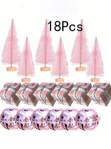 18 Stücke Mini rosa Weihnachtsbäume mit Holzsockel & Sternenglocken - Künstliche Tischdekoration für Feierlichkeiten, Heimwerken und festliche Geschenke, Weihnachtsdekoration, perfekt für Geburtstage, Hochzeiten, Weihnachtsdekorationen, Geschenke