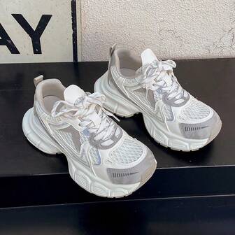 Women's Thick Sole Chunky Sneakers, Lightweight Fitness Shoes, Spring/Autumn New Breathable Mesh Increase Height Casual Shoes, Ins Style