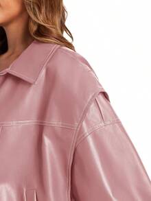 Womens Oversized Leather Bomber Jacket Zip Up Moto Coat With Pockets