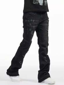 Men's Denim Flare Jeans, Skinny Fit Pants, Distressed Flare Jeans With Patches, Y2K Stacked Jeans, Contrast Washed Embroidered Jeans, Suitable For All Seasons - Black - View 1