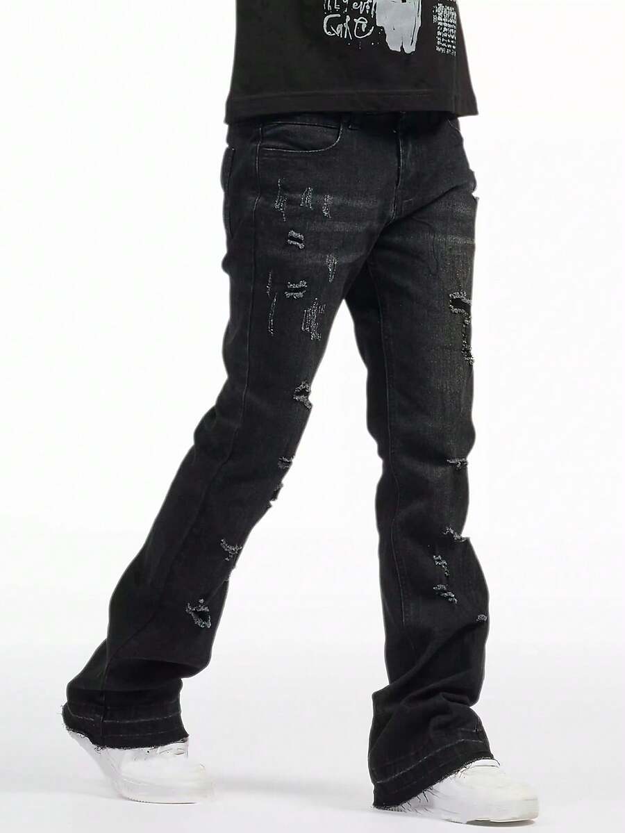 Men's Denim Flare Jeans, Skinny Fit Pants, Distressed Flare Jeans With Patches, Y2K Stacked Jeans, Contrast Washed Embroidered Jeans, Suitable For All Seasons - Black - View 1