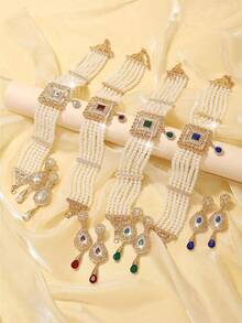 2 piezas Conjunto de joyería chapada en oro marroquí para mujeres, collar diadema y aretes, estilo palacio vintage, conjunto nupcial y de boda, accesorios de regalo para mujer en el Día de San Valentín