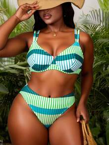 Slaydiva Plus Size Women 2pcs Geometric Line Printed Wireless Bikini Set - Green - View 1