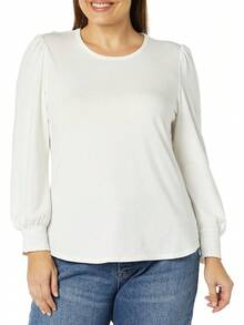 ¡RecomendadoAmazon Essentials Mujer Playera de Manga Larga con Cuello Redondo y puño Fruncido¡Top de Temporada - Blanco - Ver 4