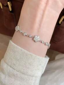 1pc Stainless Steel Floral Bubble Bracelet With Zirconia Crystals, Delicate Jewelry, Luxury Feel For Women