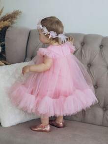 女婴粉色短袖薄纱优雅公主裙，适合情人节派对、女婴周岁生日、婚礼花童、特殊场合和节日庆典。 - 粉色 - 查看 3
