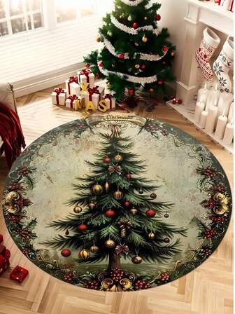 1pc Area Carpet Christmas Tree Pattern Round Area Rug - Ultra Soft, Comfortable For Bedroom, Living Room, Study, Office, Entryway, Room Decor As Floor Mat, Modern Polyester Non-Slip Absorbent Floor Mat, Washable & Non-Slip, Rugs For Living Room - Indoor All-Season Home Decor, Round Bedroom Rug, Rugs For Bedroom,