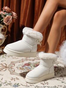 2025 Botas de nieve populares de unicolor con lazo, suela gruesa y esponjosa, botas cortas de invierno para mujer con forro grueso para fiestas/uso casual, para ir al trabajo/esquí al aire libre con suela antideslizante de algodón con forro polar