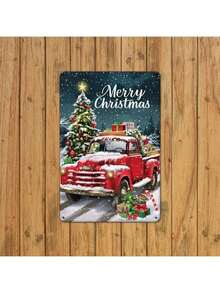 2D Flat, 1pc Rustic Snowman Truck Metal Tin Sign - Vintage Red Truck With Christmas Tree & Snowman, Merry Christmas Lettering, Durable Tinplate Indoor/Outdoor Wall Decor (20.32cm X 30.48cm) With Pre-Drilled Holes, Farmhouse Holiday Decoration For Home, Cafe, Bar, Garage - Rustic Winter Scene Gift, Perfect For Room Decor Home Decor Christmas Decorations