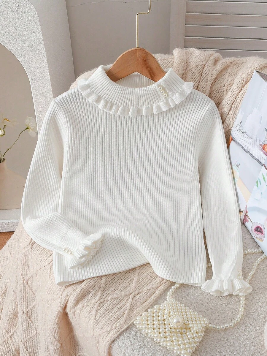 Girls' Turtleneck Long Sleeve Sweater, Casual Pearl Knit Undershirt - White - View 1