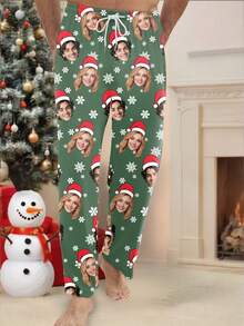 Customized Christmas Print Men's Pajama Pants, Snowflake Santa Hat Pattern, Festive Funny Sleepwear For Christmas, Winter