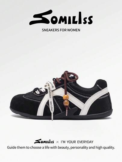 somiliss Zapatos deportivos y casuales de suela ancha y suave para mujer, zapatillas de moda cómodas con suela delgada para todas las estaciones, uso diario, negro y blanco