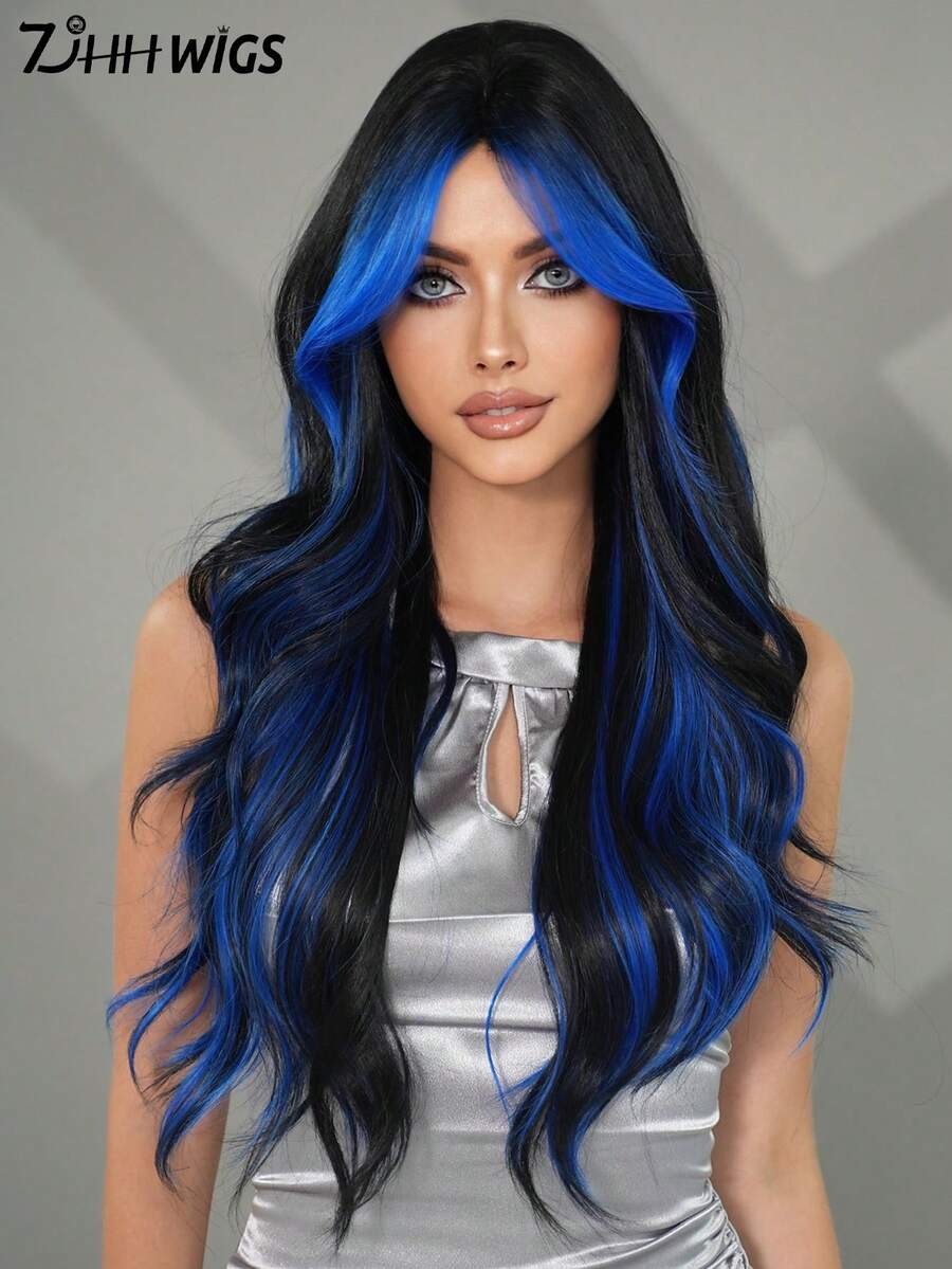 7JHH WIGS This 30-Inch Extra Long Wavy Blue Wig Is Designed For Women, Featuring A Voluminous Wavy Hairstyle With Bangs. Made Of Fully Machine-Woven Synthetic Fibers, It Is Suitable For Daily Wear, Music Festivals, Halloween Costume Parties, And Other Occasions As A Fashionable Accessory. - 挑染藍色 - 查看 1