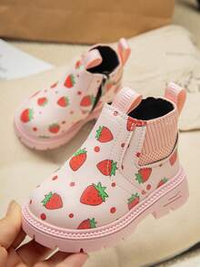 1 Pair Kids Strawberry Print Short Boots, New Autumn/Winter 2025 Children Casual Short Boots