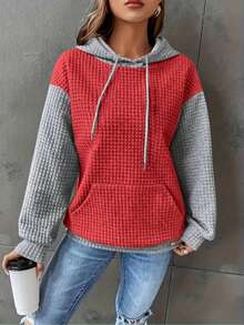 Plus Size Women Solid Color Jacquard Knit Loose Casual Sweatshirt Spring - Red Gray - View 5