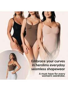 2Pcs High Waist Tummy Control Thong Bodysuit Figure - 咖啡棕 - 查看 3