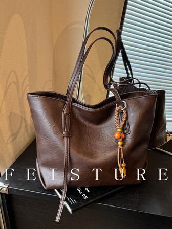 1pc Vintage Large Capacity Commuter Tote Bag, Zipper Closure, Pendant Decoration, Suitable For Daily Outing, Dating, Commuting