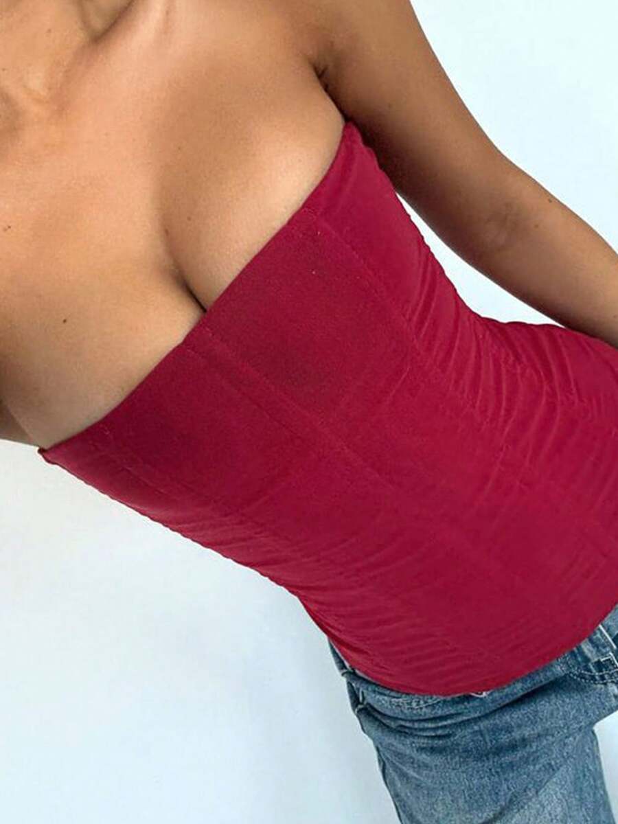 Elegant White Crop Top Mesh Semi-Sheer Corset Boned Overbust Lace Up Back Bodyshaper Tube Tops For  Daily Casual Wear,Music Festival Holiday Black Removable Corset Top, Concert Outfits - Đỏ - Xem 1