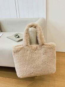 New Fluffy Handbag, Fashion Large Capacity Versatile Shoulder Tote Bag, Soft & Cute Large Capacity Shoulder Bag, Furry Bag - Khaki - View 4
