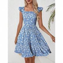 Women's Summer Dresses Casual Square Neck Floral Sundress With Pockets A Line Flowy Beach Dress - 藍色 - 查看 3