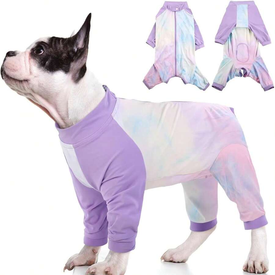1 bộ đồ phục hồi toàn thân cho chó, thoáng khí dành cho cả nam và nữ, áo liền quần thiết kế nhuộm loang, đồ bảo vệ vết thương chống liếm cho chó sau phẫu thuật, đồ ngủ mềm mại cho chó, phù hợp cho chó nhỏ/vừa/lớn