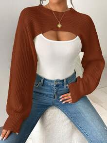 Asymmetric Hem Solid Color Ribbed Knit Pullover Sweater - Brown - View 4
