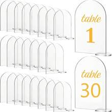 30 PIEZAS/20 piezas/10 piezas/5 piezas Señal de asiento semicircular transparente de acrílico, señal en blanco de acrílico para boda con soporte, número de mesa redondo de acrílico DIY para decoración de señal de boda, decoración central de mesa, señal de asiento, señal de número de mesa, señal de tarjeta de nombre