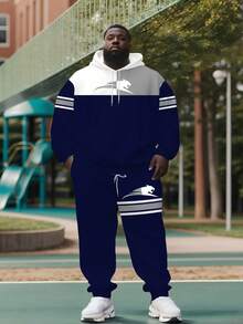 Conjunto de talla grande y altura con estampado de leopardo en patchwork, patchwork de color contrastante a rayas, conjunto de sudadera con capucha con cordón para primavera, otoño e invierno, con un ajuste holgado y cómodo - Azul Marino - Ver 1