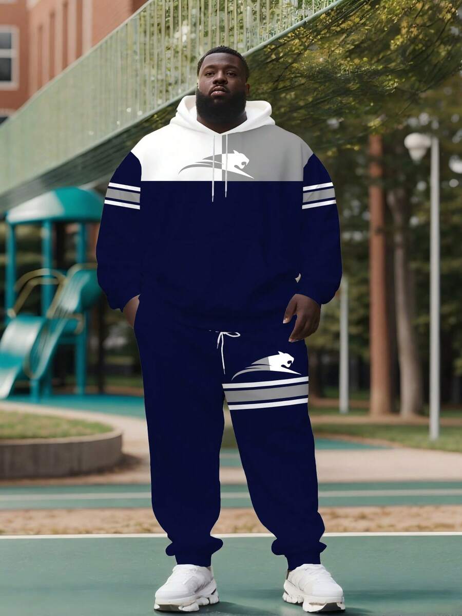 Plus Size Tall Leopard Patchwork Print Set, Striped Contrast Color Patchwork, Drawstring Hooded Sweatshirt Set For Spring, Autumn & Winter, Fashionable Loose Fit And Comfortable - Navy Blue - View 1