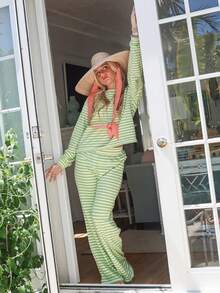 Awevudst Women's 2 Piece Outfit Set Long Sleeve Loose Striped Print Pullover Sweatshirt T-Shirt Top + Wide Leg Pants Set Sweatsuit Tracksuit - 綠色 - 查看 2