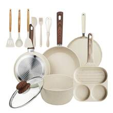 ABKOK 1pc/2pcs/3pcs/4pcs/7pcs/12pcs/15pcs Aluminium Pot Set 7.4inch Stockpot With Lid 8.3inch Wide Mouth Frying Pan 9.8inch Frying Pan Silicone Three Pieces Set Spatula Spatula Spoon Wooden Handle Suitable For Kitchen Cooking, Frying And Cooking .Multi-Piece Cookware Bundles & Single Pots Sold Separately - Mix & Match For Your Kitchen Needs