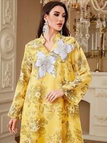 女士穆斯林长袍祈祷服，随机剪裁和印花拼布设计，伊斯兰迪拜风格休闲长袍 - 黃 - 查看 3