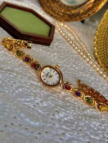 1pc New Luxury Colorful Beryl Gemstone & Crystal Embellished Vintage Elegant Fashion Women's Watch, Oval Pearl Dial, 30M Water Resistant, Suitable For Daily Wear, Parties, Vacations And Outings - 金色 - 查看 9