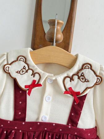 秋季女宝宝可爱熊领波点吊带二合一连衣裙