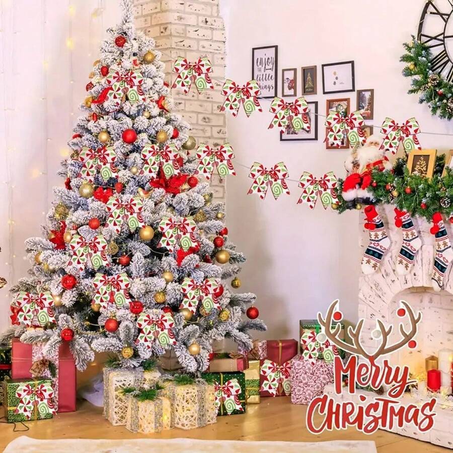 12pcs Vintage Christmas Ribbon Bows - Large Hanging Ornaments, Suitable For Trees, Gifts And Parties - Perfect Choice For Holiday Celebrations - Multicolor - View 1
