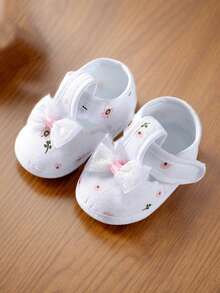 1 Pair Infant Girl Princess Shoes Socks, Lace Bow Soft Bottom Non-Slip Prewalker Shoes, Suitable For 0-12 Months Infants - White - View 6