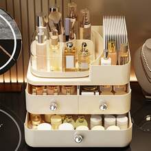 CASEGRACE 1 pièce Organisateur de maquillage à 3 niveaux grande capacité avec tiroirs - Boîte de rangement cosmétique portable, design compact en plastique durable pour la coiffeuse, la salle de bain et le bureau - Rangement pour rouge à lèvres, soins de la peau, pinceaux. Construction robuste, organisateur de rangement cosmétique, finition lisse, boutons métalliques
