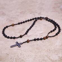 1 pieza Collar de estilo bohemio con piedras naturales, cuentas de piedra volcánica, hematita, ónix negro y colgante de cruz, adecuado para uso diario en todas las estaciones, ideal como regalo y que trae buena suerte y riqueza