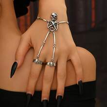 Gothic Punk |   Skeleton] 1pc Gothic Punk Skeleton Hand Chain Ring |   Adjustable Movable Skull & Bone Charms With Heart Eyes & Bow Accent, Edgy Statement Jewelry For Women, Year-Round Wear For Daily Outfits, Halloween, Costume Parties & Gothic Events, Halloween Accessories, Bold Design, Intricate Design, Alternative Fashion - Bạc - Xem 7