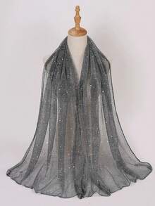 1 pezzo Sciarpa bandana leggera da donna con paillettes di colore unito, foulard, hijab mediorientale, scialle decorativo, adatto per uso quotidiano