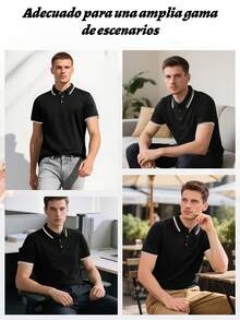 Camisa polo de manga corta a rayas de verano, casual y para commuter, para golf, para hombres, Camiseta polo diaria sencilla de unicolor para hombre,ideal para desplazamientos - Negro - Ver 11