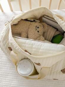 1 pieza/Set Bolso pañalero de gran capacidad, adecuado para recién nacidos y papás; diseño de múltiples bolsillos con compartimentos funcionales para organizar los artículos esenciales del bebé; apertura con solapa con cremallera superior para un fácil acceso; adornado con un parche decorativo de oso lindo para diversión