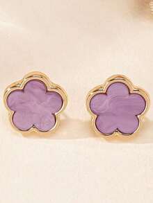 6 Pieces/Set Of Girls' Same Color Lucky Flower Decoration Accessories, 1 Pair Of Earrings, 1 Necklace, 1 Bracelet, 1 Bracelet, 1 Ring Set Suitable For Daily Use - Màu tím - Xem 2