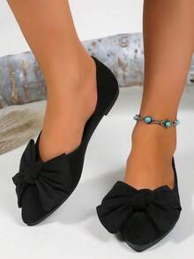 Zapatos planos y cómodos para mujer 2025 Nuevos mocasines versátiles para el trabajo con punta puntiaguda, suela de goma y moño, color negro - Negro sencillo y elegante. - Ver 2