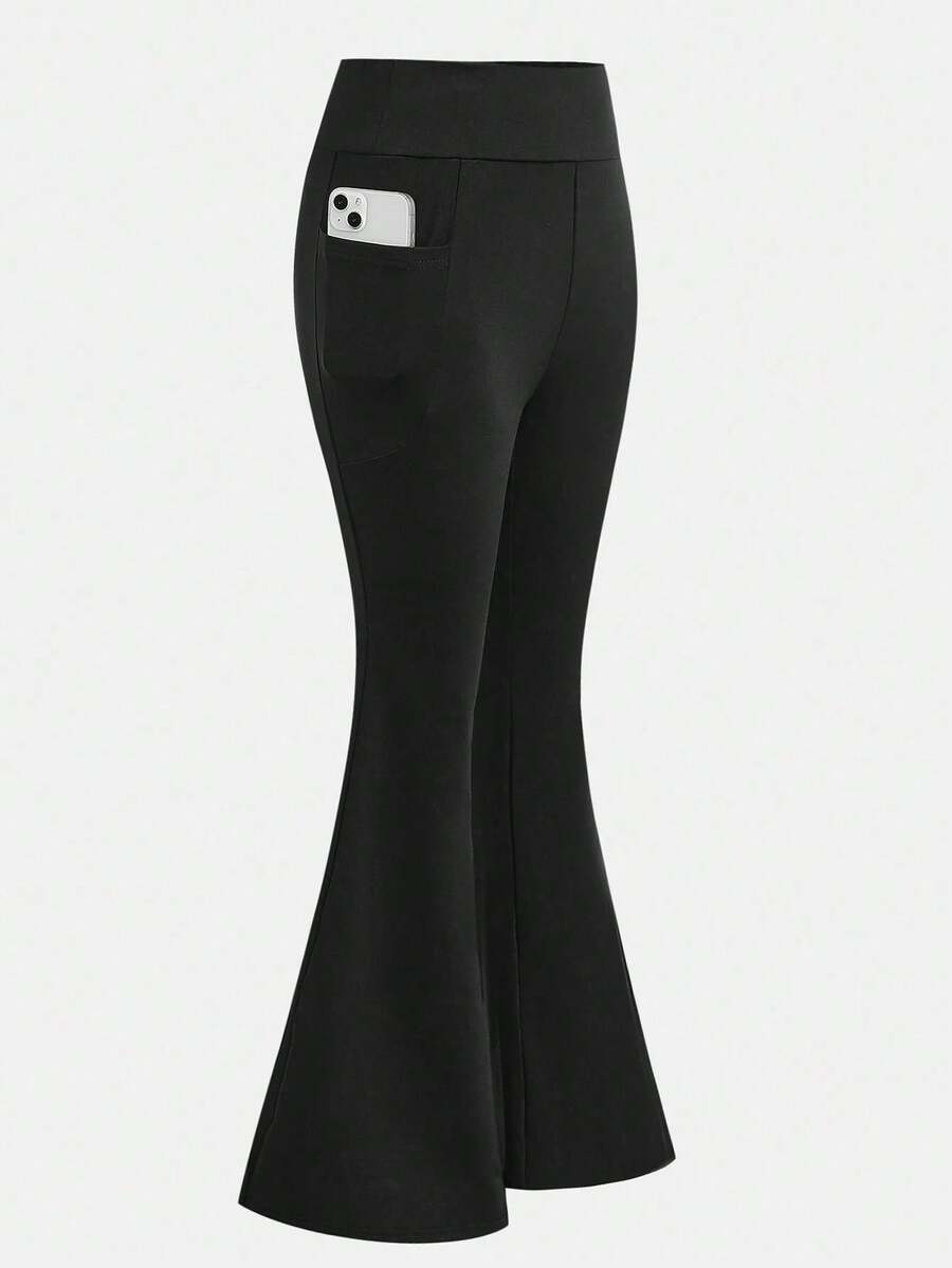 1 pieza Pantalones de yoga de talla grande para mujer de cintura alta, con forro térmico, bolsillo multifuncional para teléfono, pierna acampanada, adecuado para actividades interiores y exteriores